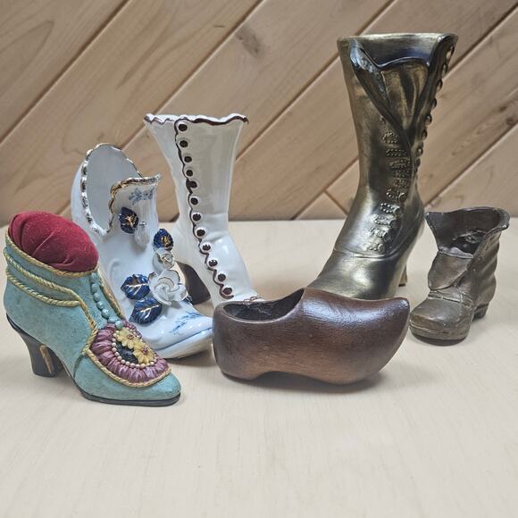 Lot Collectible  Boot Shoe Vintage  Miniature Brass Ceramic Wood Pin Cushion - Picture 1 of 7